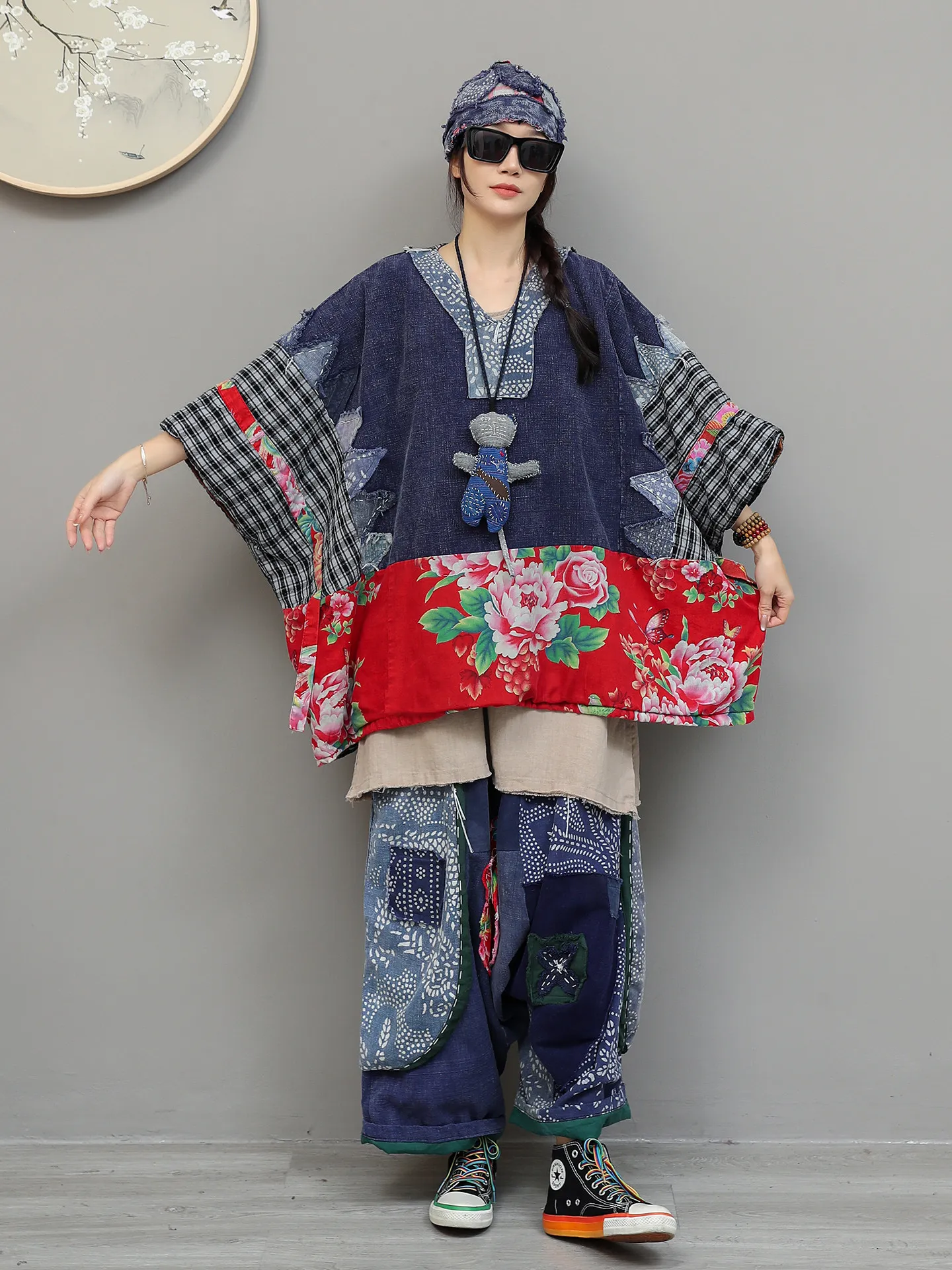 Retro Patchwork Pullover Color Blocking Cotton Jacket Elastic Waist Cross-pants Two-piece Set Women's Spring Loose Casual Set