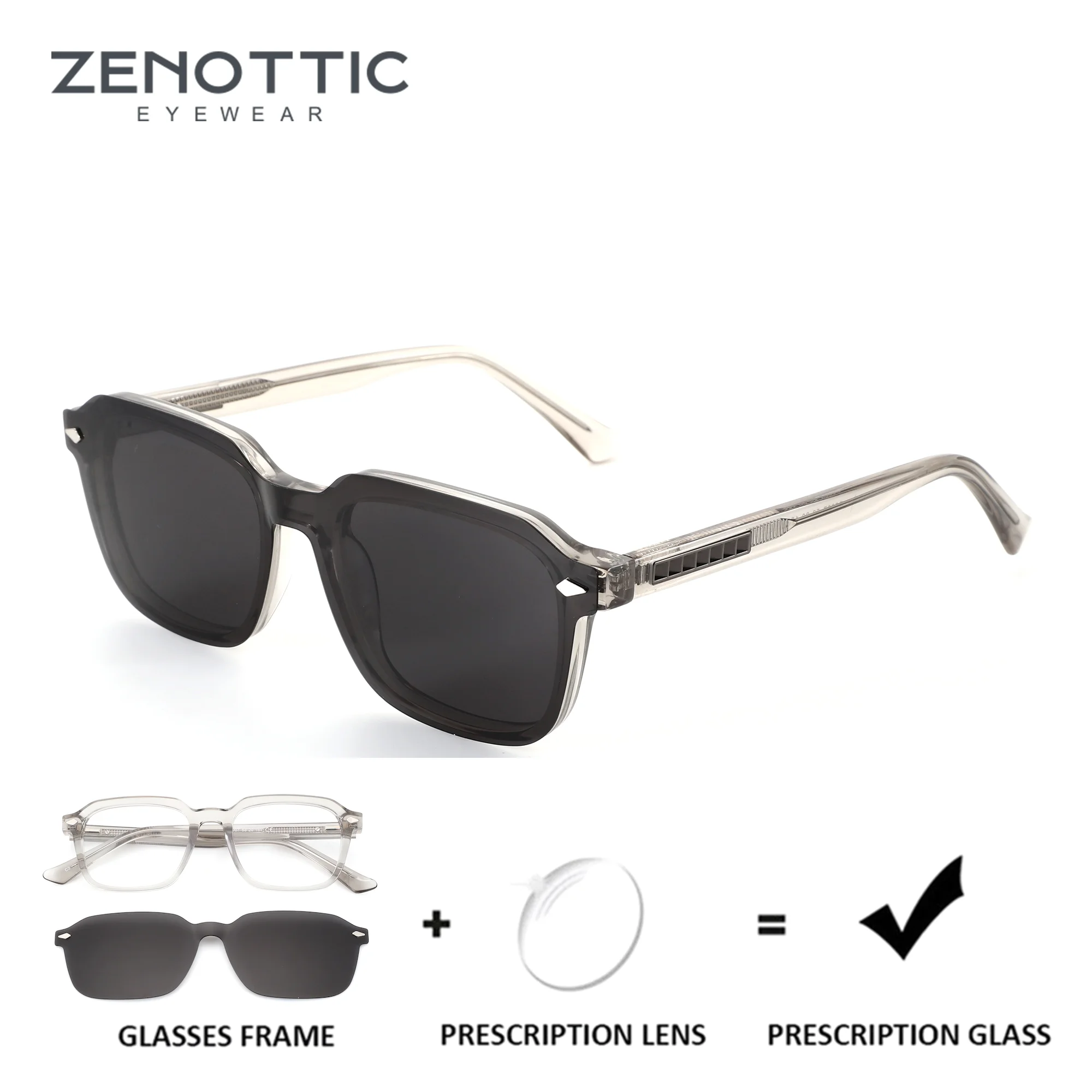 

ZENOTTIC Rectangle Acetate Clip on Medical Prescription Glasses For Men Magnetic Polarized Progressive UV400 Sun Glasses Eyewear