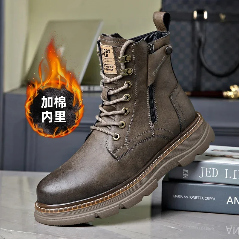 

Winter Quality Cotton Boots Designer Cow Leather Boots for Men Fashion Casual Fleece Overalls High Top Warm Men's Platform Shoes