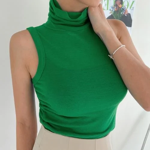 Fashionable High Collar Sleeveless T-Shirt Women's Sexy Transparent Body Shape Highlighting Summer Thin Material Pure Color