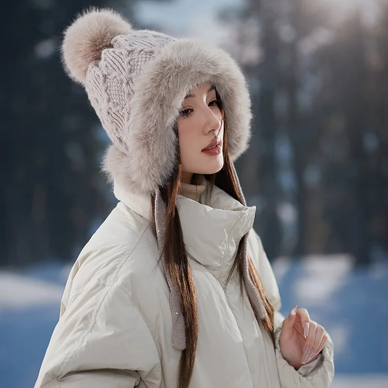 Hat women winter plush thick ear protection Korean version of three-ball knitted hat fashionable all-match warm hat travis scott