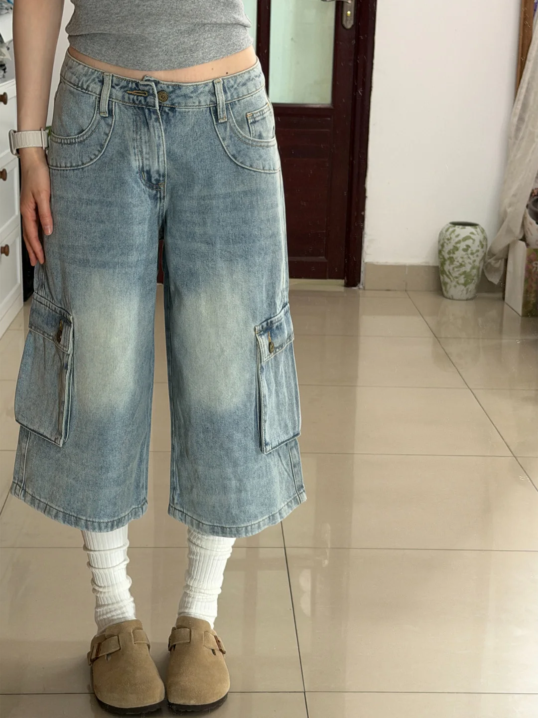 Retro Washed Slim Fit Wide Leg Straight Jeans Women's Summer Thin Loose Jeans Natural Waist Denim Shorts Youth Ladies Girls