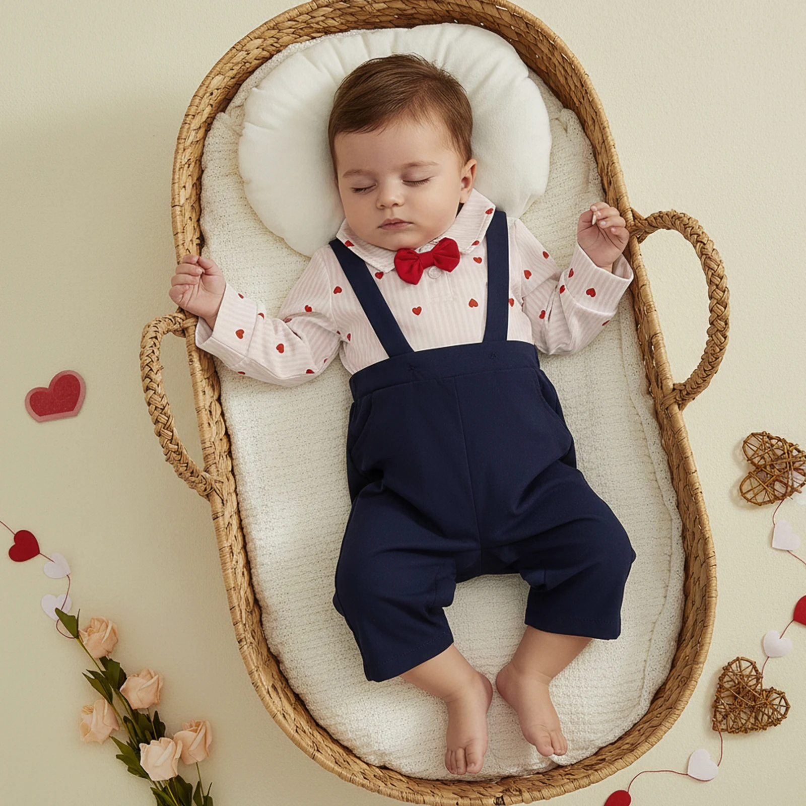 الرضع الصبي شهم 2 قطعة الزي طويلة الأكمام التلبيب الرقبة العلوي زر ربطة ديكور قميص رومبير وسراويل الحمالة