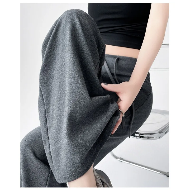 New Spring Autumn women air cotton casual pants drawstring style slimming high-waisted sporty straight leg drape wide-leg pants