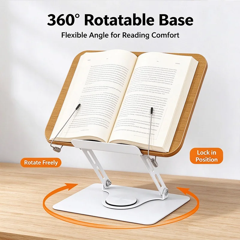 360° Rotating Reading Stand Adjustable Foldable Book Holder Desktop Neck Protection Support with Elastic Page Clip YDJ01