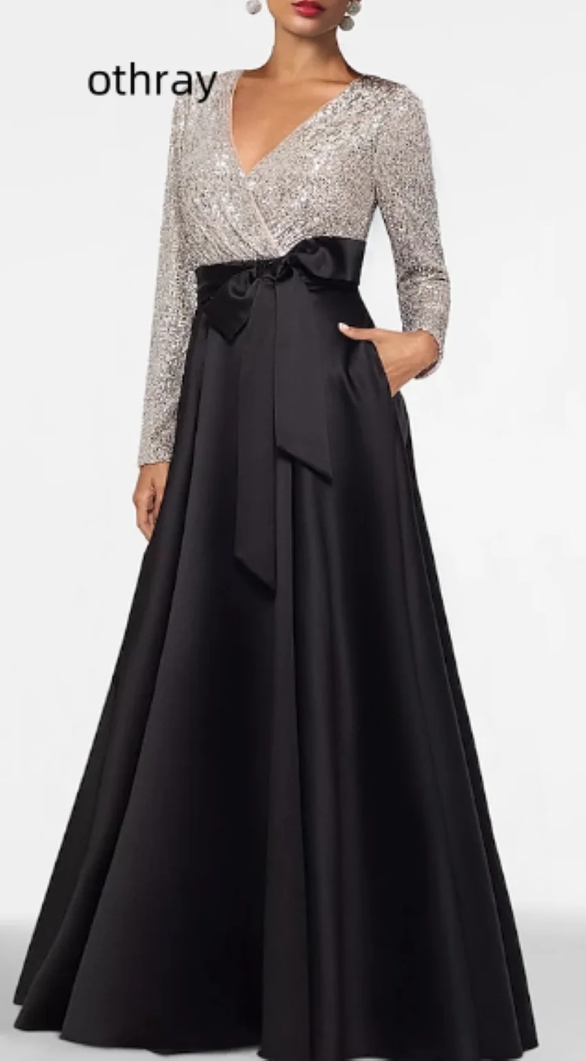 

A-Line Plus Size Color Block Dress Formal Floor Length Long Sleeve V Neck Fall Wedding Guest Satin with Sequin Pocket 2023