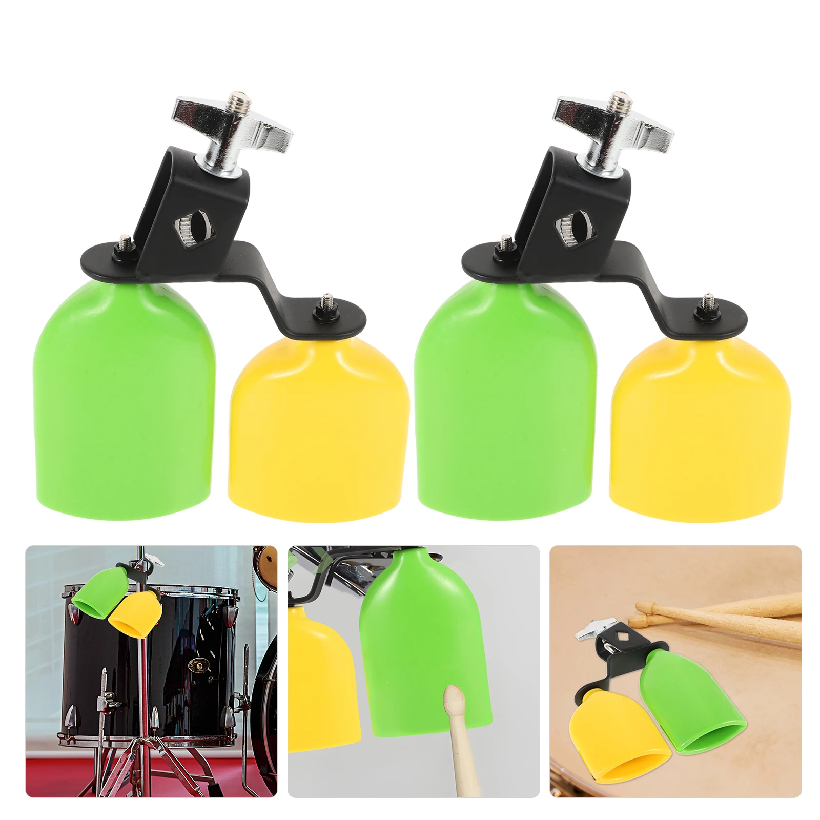 1 ペアプラスチックカウベルドラムパーカッション高低音鮮やかな緑黄色ダブルマウントキットミュージカルパーカッションアクセサリー