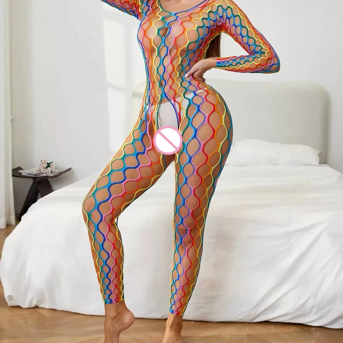 Women's Sexy Rainbow Fishnet Bodysuit - Long Sleeve Sheer See-Through Lingerie, Open Crotch , Erotic Mesh Clubwear view 3