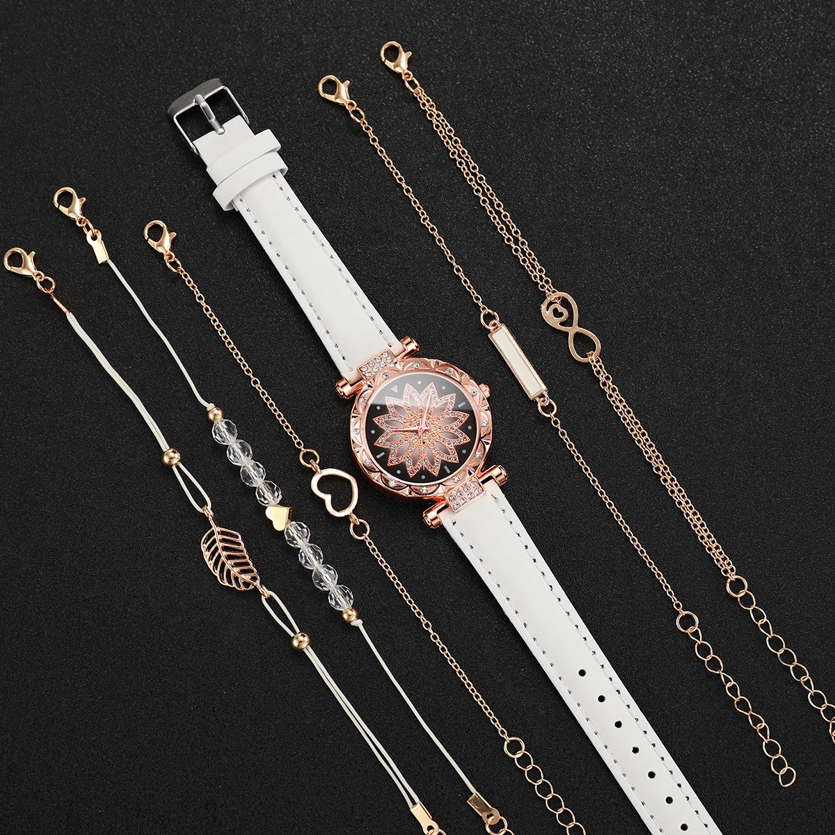 6PCS/Set Women\'s Watch Fashion Rhinestone Flower Dial Quartz Watches Bracelets Set（Without Box）