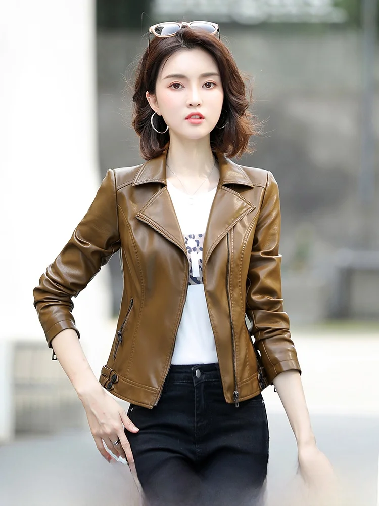 

Faionable ort Leather Jaet Women's Motorcycle Sle eepskin Coat Slimming Spring Autumn Korean Version Cardigan