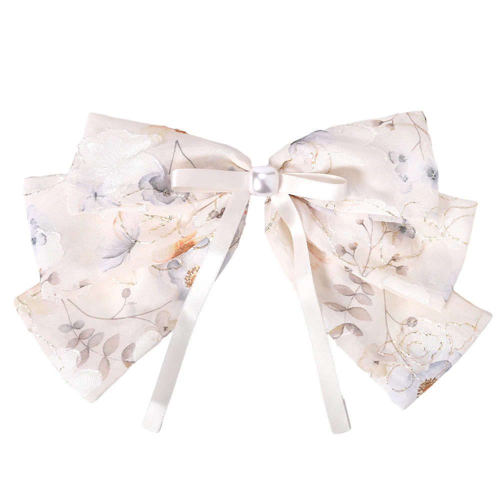 New Satin Pearl Big Bow Hairpin Chinese Style Floral Smudged Print Spring Clip Gentle Temperament Women Headwear