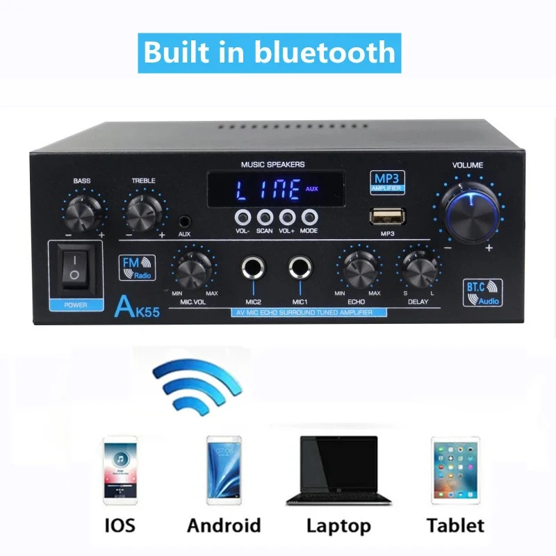 AK35/AK45/AK55 900W Home Power Amplifiers 2 Channel Bluetooth Sound Amplifier FM USB Remote Control Mini HIFI Digital Amplifiers