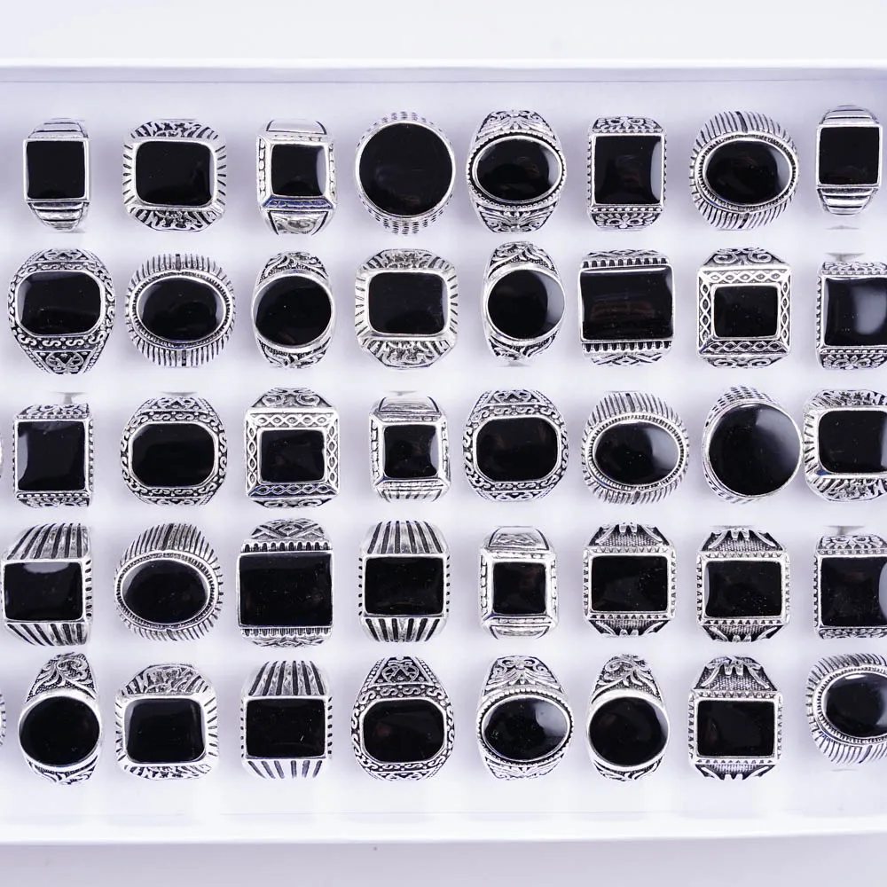 20Pcs/Lot Vintage Mix Black Enamel Geometric Square Silver Plated Rings for Men Women Retro Punk Jewelry Accessories Party Gifts