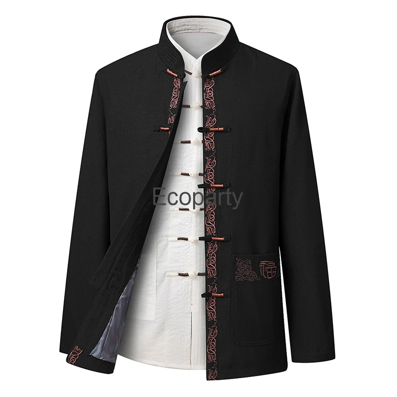 Kimono Hanfu traditionnel chinois trempé pour hommes, cardigan monochrome, veste décontractée à col Cheongsam, ensemble haut et pantalon boutonnés rétro