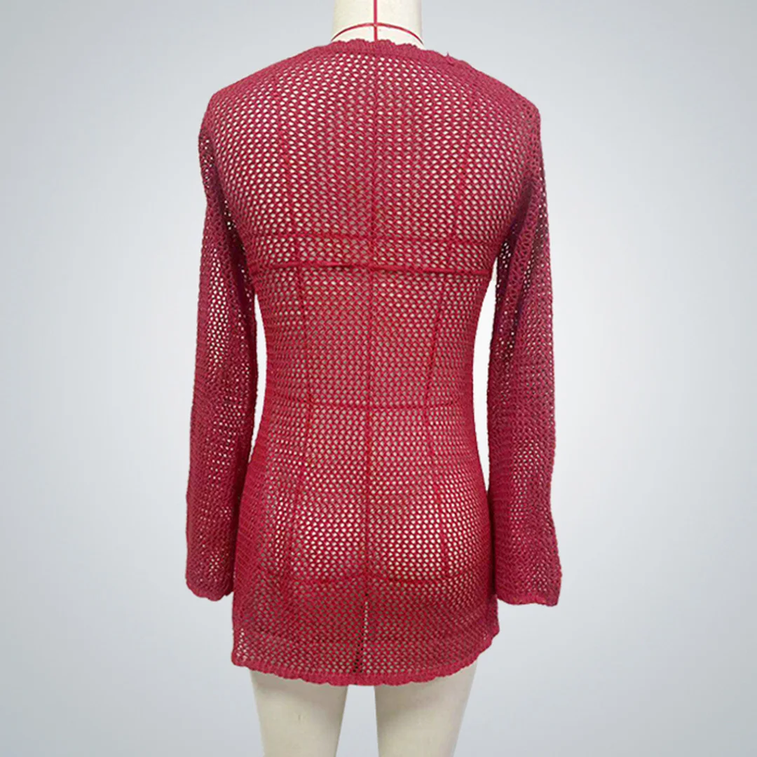 Sexy Langarm-Tunika mit Aushöhlungen, gehäkelt, gestrickt, Strand-Cover-up, Strandkleid, Strandmode, Damen, V5525 – Detail 11