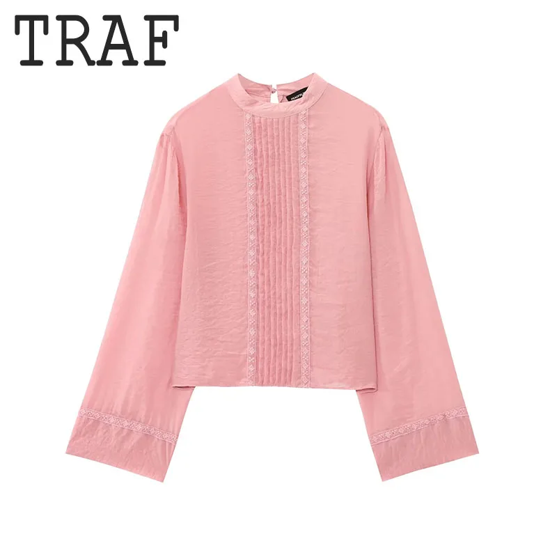 TRAF elegante blusa rosa blusas con decoración de encaje Tops para mujer camisa plisada de manga larga Top 2025 nuevas camisas casuales para mujer