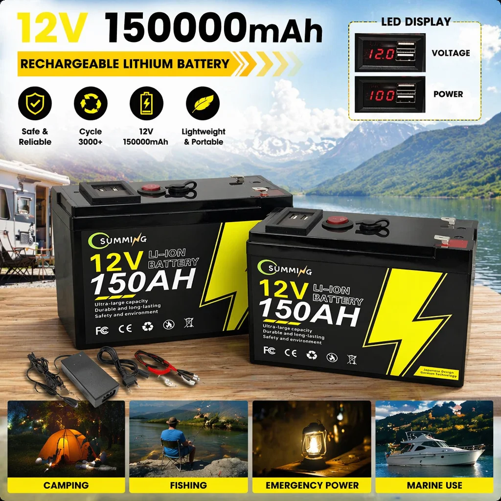 NEW LiFePO4 12V 120000mAh Portable Rechargeable Battery  Built-in 5V 2.1A USB Power Display Charging Port with +12.6V Charger