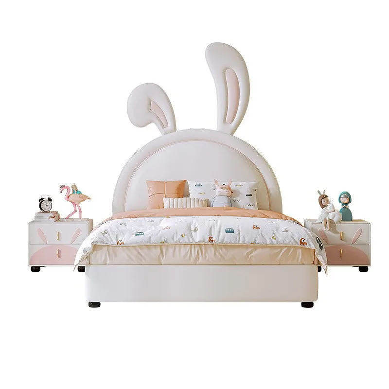 Nordic light luxury cute, girl girl princess bed, modern simple cream style, rabbit leather children's bed