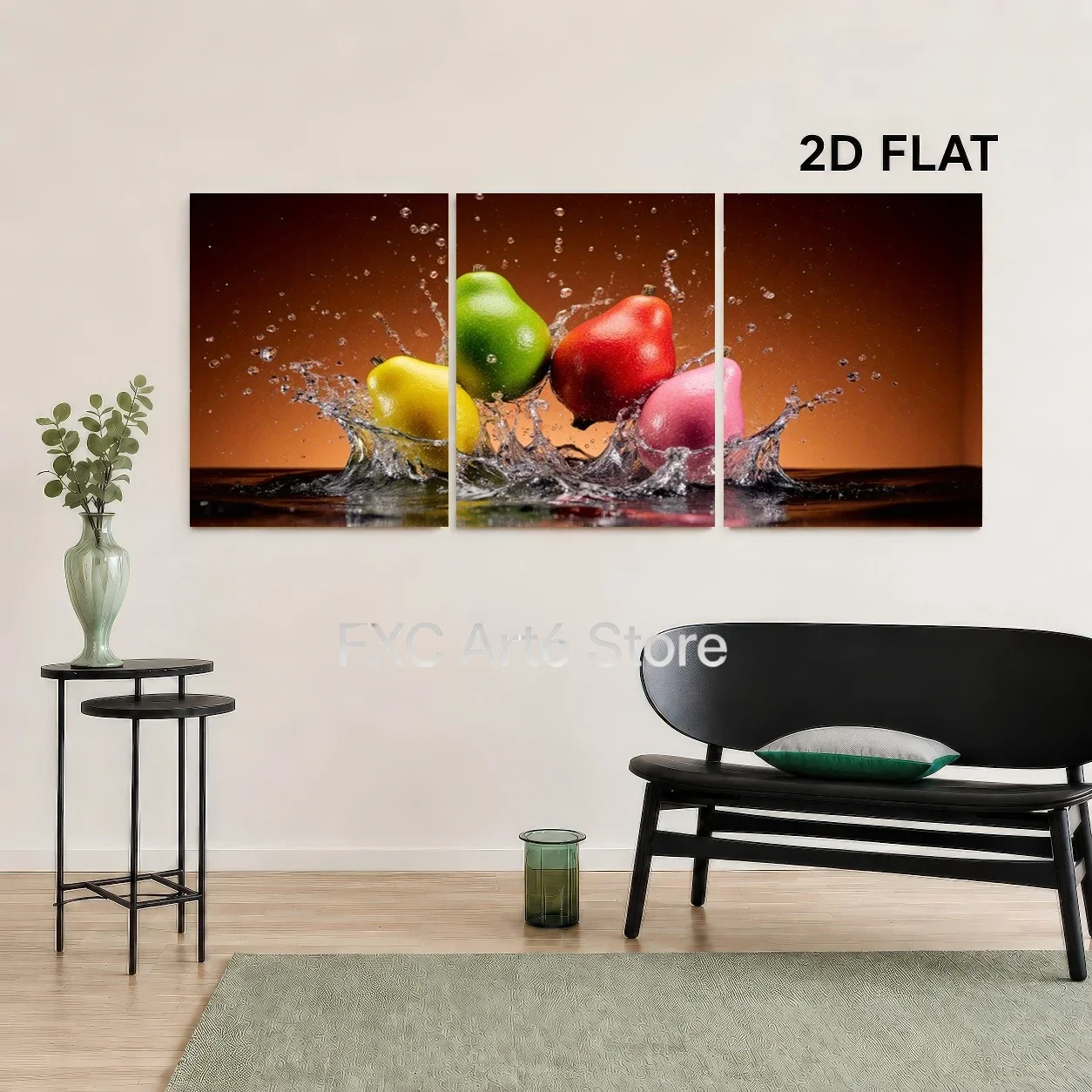 2D Flat 3pcs frameless ,  Modern Fruit Splash Wall Art Prints, Colorful Pears and Water Splashes,  Art Prints for Living Room, K