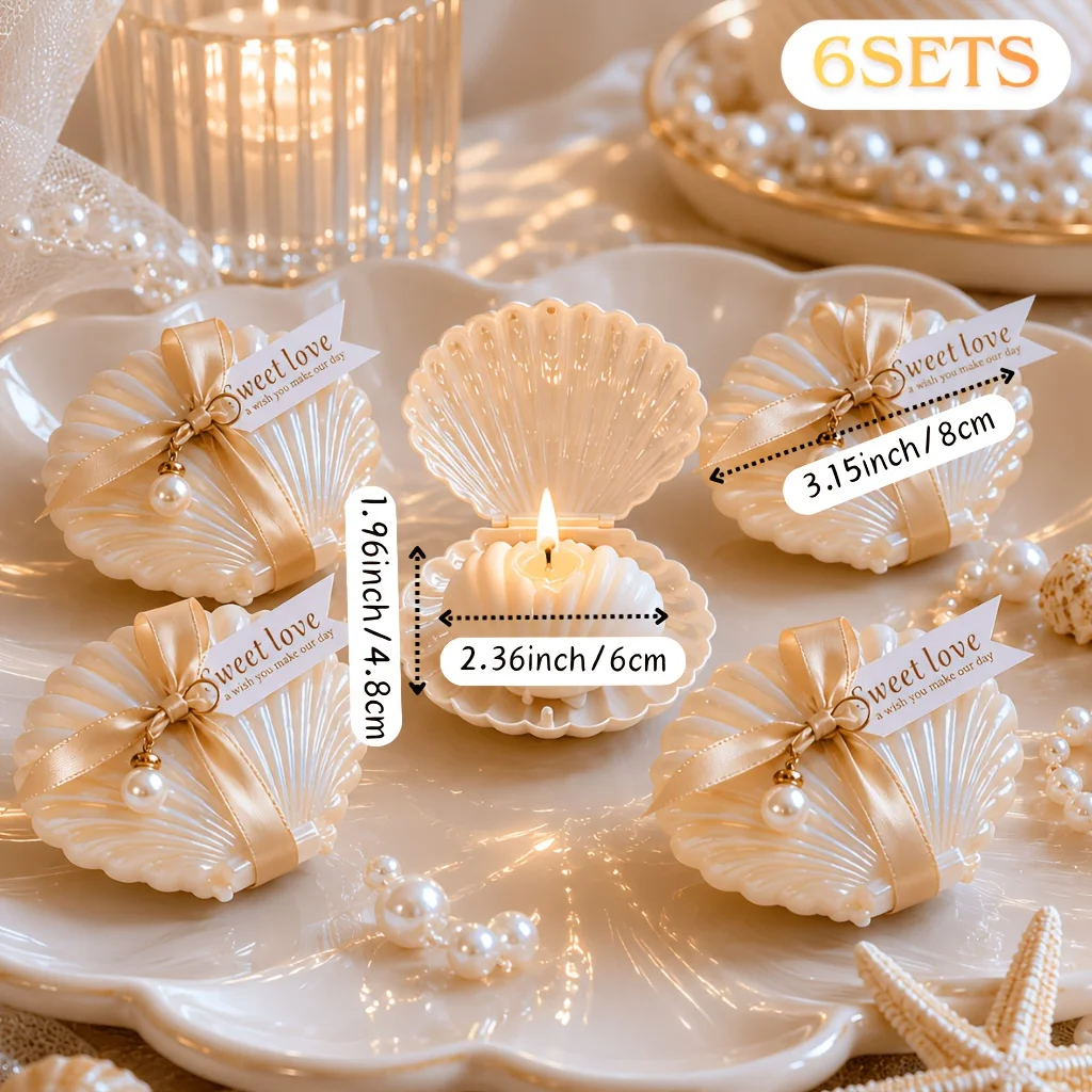 6sets Luxury Shell Candle Wedding Favors for Guests, Bridal Shower, Romantic Wedding Reception Table Gifts, Resort Wedding Decor