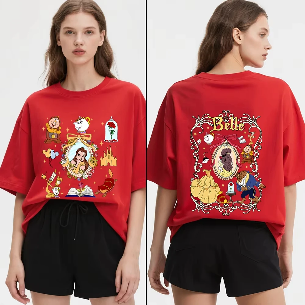 تي شيرت ديزني بيوتي آند ذا بيست بيل مطبوع للنساء كاجوال مريح للارتداء اليومي تي شيرت ناعم ملابس أطفال بنات #4
