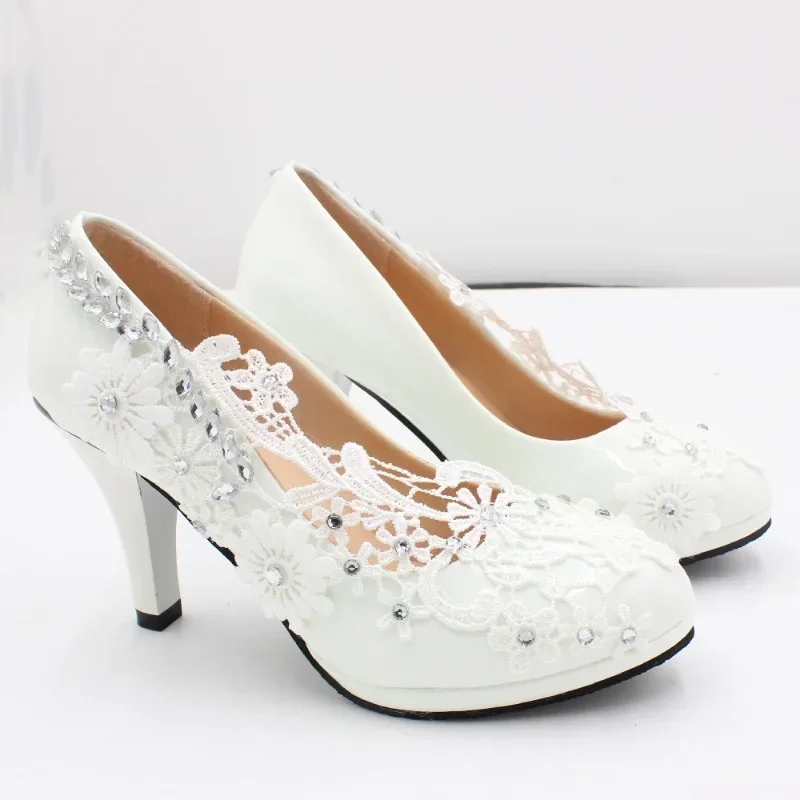 DRESS Women Pumps PU Lace 3 5 8 CM Thin Heels Lace Silver Glitter Decoration White Wedding High-heeled Wedding Shoes Woman Shoe