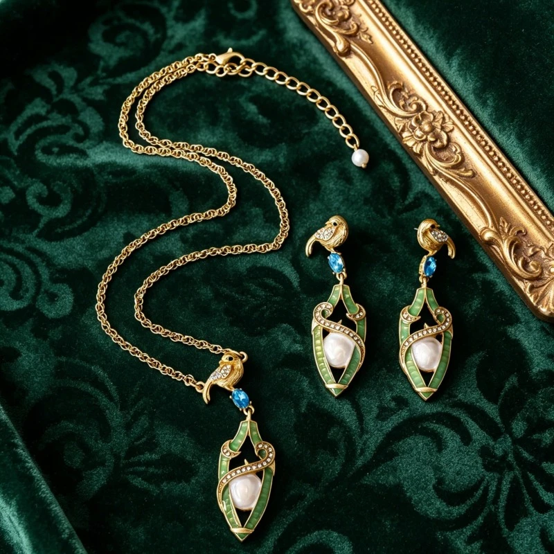 

Retro Bird Crystal Jewelry Set New Chinese Style Hollow Vase Pendant Necklace Earrings Women Fashion Jewelry