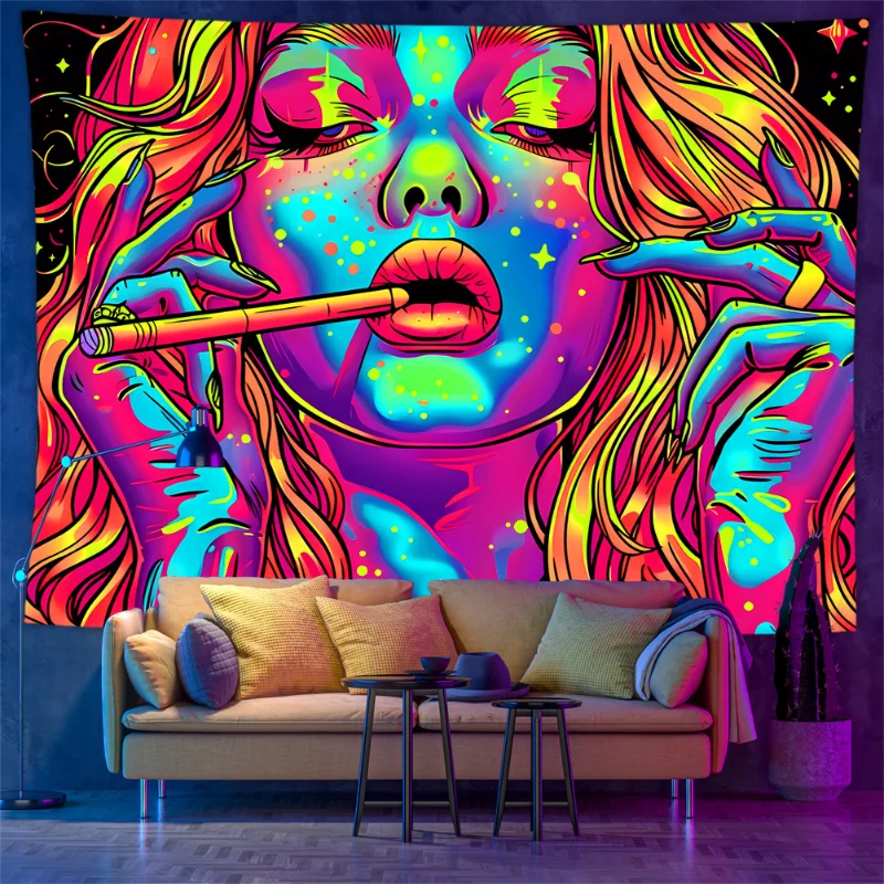 VIKAMA Blacklight Psychedelic Face Tapestry UV Reactive Trippy Sun Mushroom Wall Hanging for Party Bedroom Home Decor
