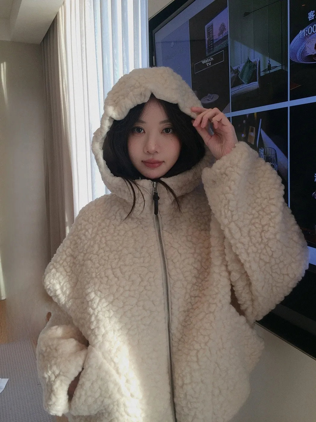 Ibell Zhang Buxue Cloud Particle Fleece Woolen Jacket Hooded Zipper Shoulder Sl…