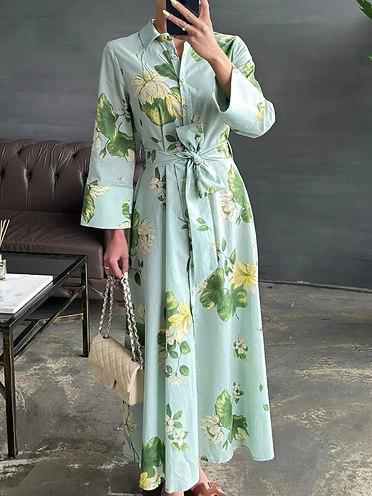 Abito bohémien autunnale a maniche lunghe allacciato Abito lungo casual con stampa floreale moda donna Abito camicia con bottoni colletto rovesciato primaverile