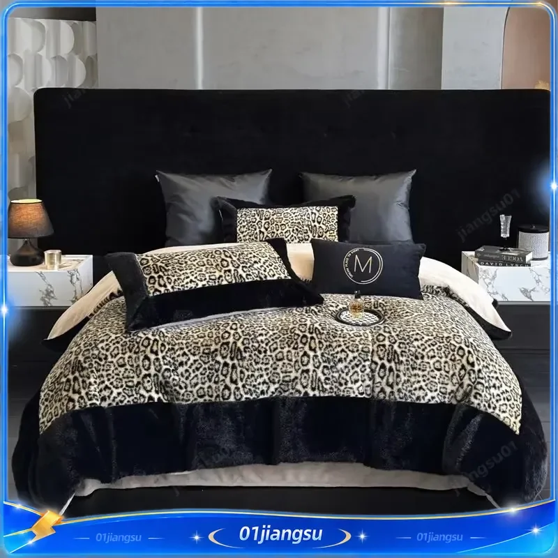 4Pcs Luxury Faux Fur Leopard Print Bedding Set Velvet Warm Winter Short Plush Duvet Cover Flat Fitted Sheet Pillowcases Soft