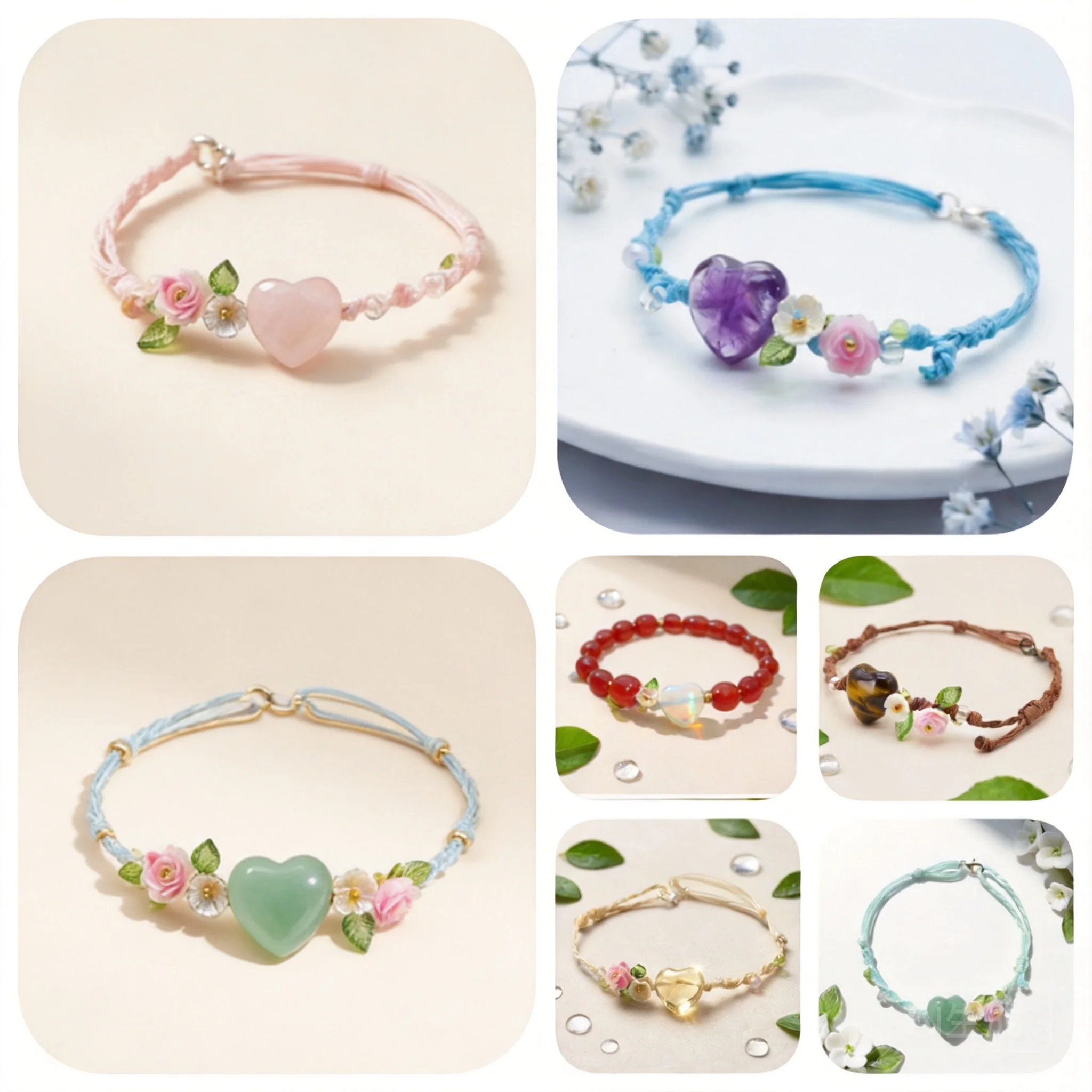Chinese Style Lucky Natural Stone Heart Braided Bracelet Cute Floral Adjustable Blessing Multicolor Jewelry For Women Girls Gift