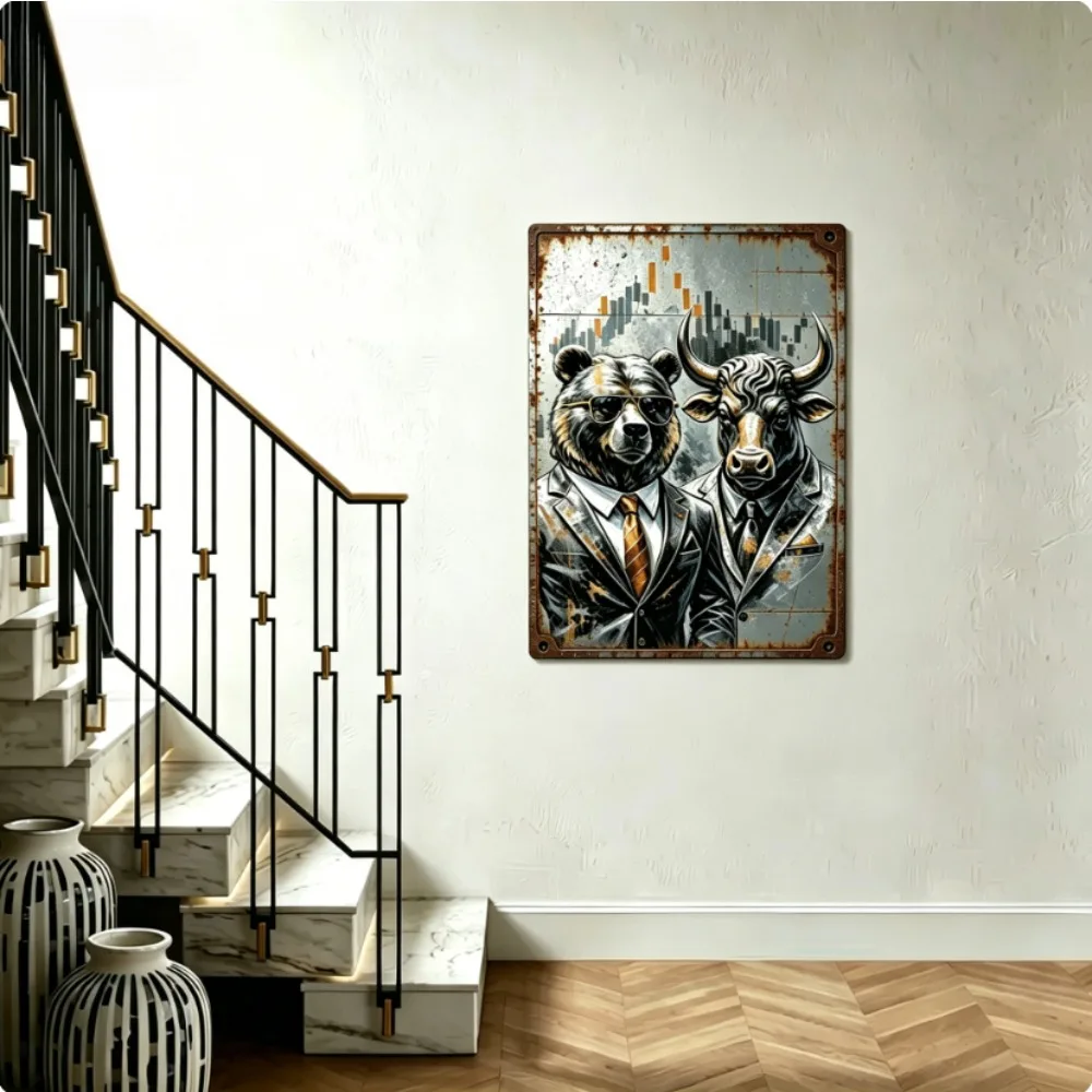 Cartel de Hojalata Bull & Bear Estilo Retro, Arte de Pared Vintage para Decoración Hogar Salón Regalo Único