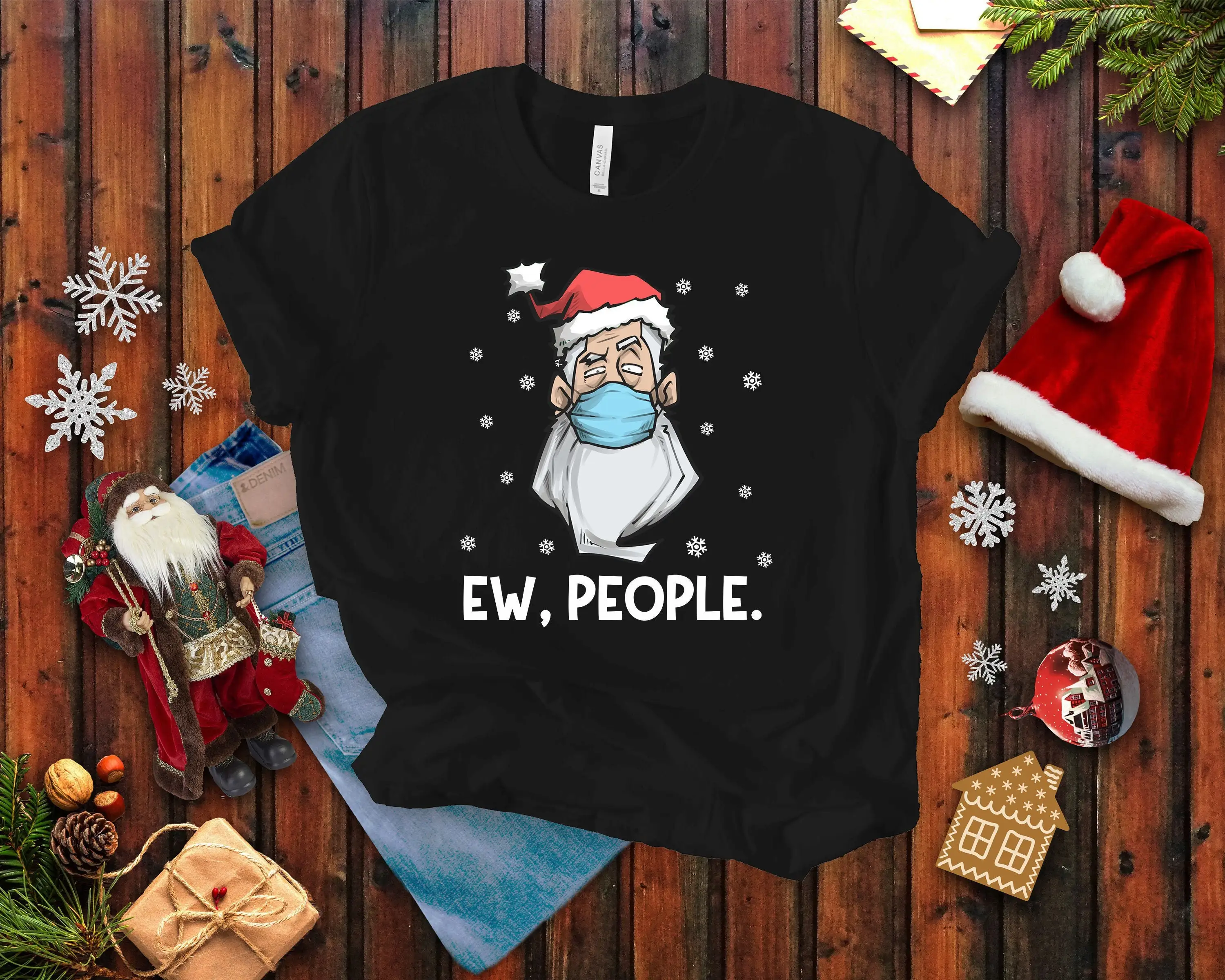 Ew People Santa Claus Face Mask T Shirt Social Distancing Quarantine Christmas 2020 Mom Dad Funny Eve Pajama