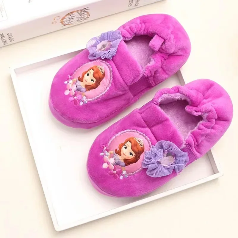 New Autumn Winter Disney Baby Girls Cotton Slippers Princess Cartoon Sofia Print Children Soft Indoor Anti Slip Kids Home Shoes