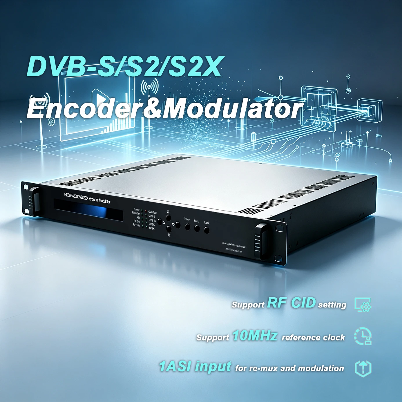 Multi-format HD SD Encoder Modulator, DVB-S/S2/S2X RF Output,Optional H.264 H.265 MPEG2 Encoding,Low Latency for TV Broadcasting