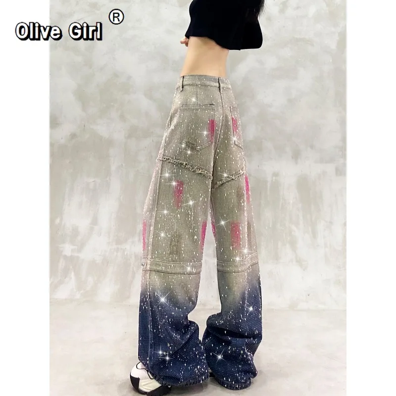 Olivegirl Denim Jeans Full Sky Star Diamond Painted Rivet Chain Pants Women Trousers High Waisted Loose Straight Leg Wide Leg