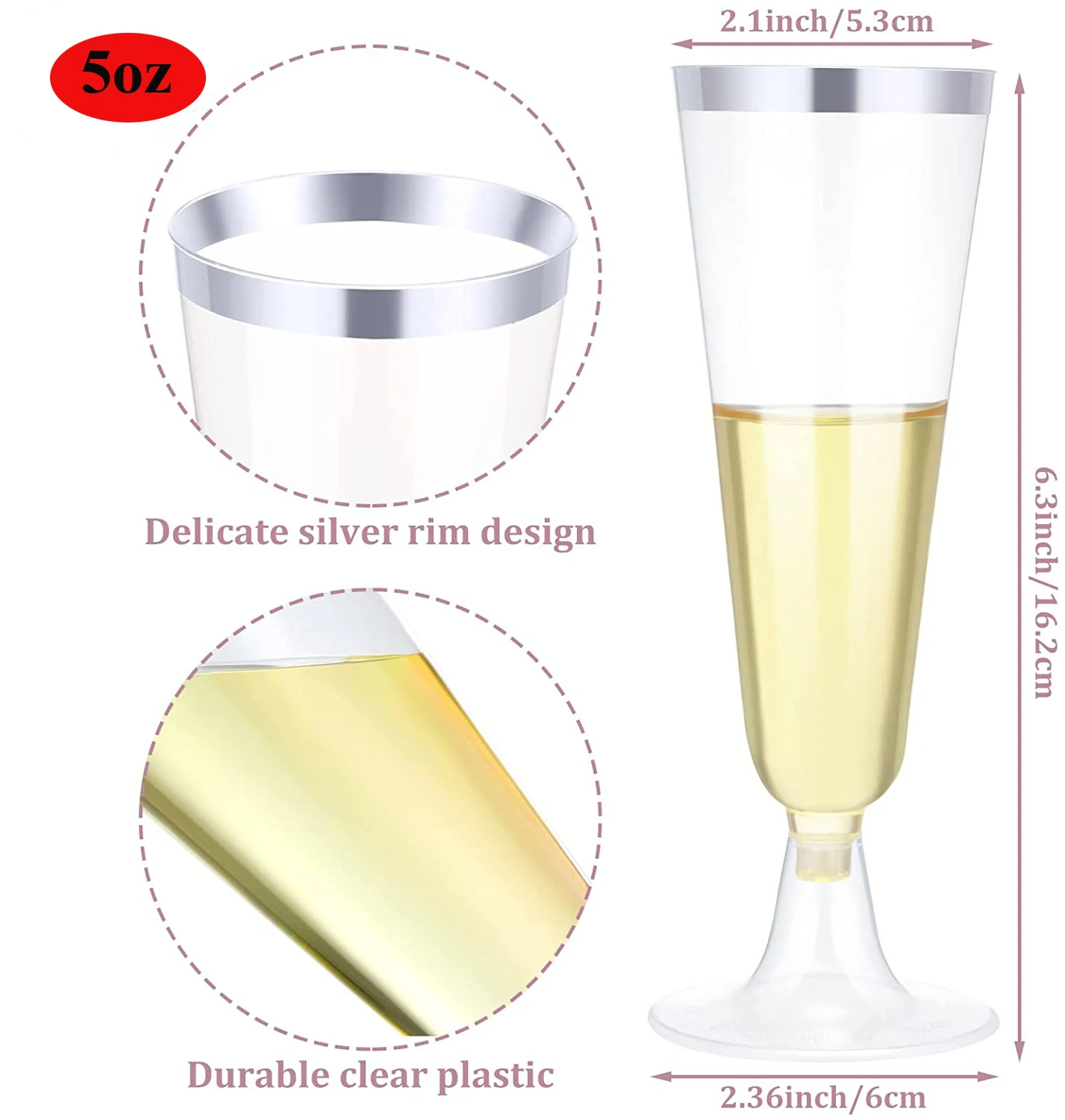 50/25 pcs Plastic Champagne Flutes with Silver Rim, Clear Disposable Toasting Glasses 5Oz, Plastic Cocktail Cups Party Cups