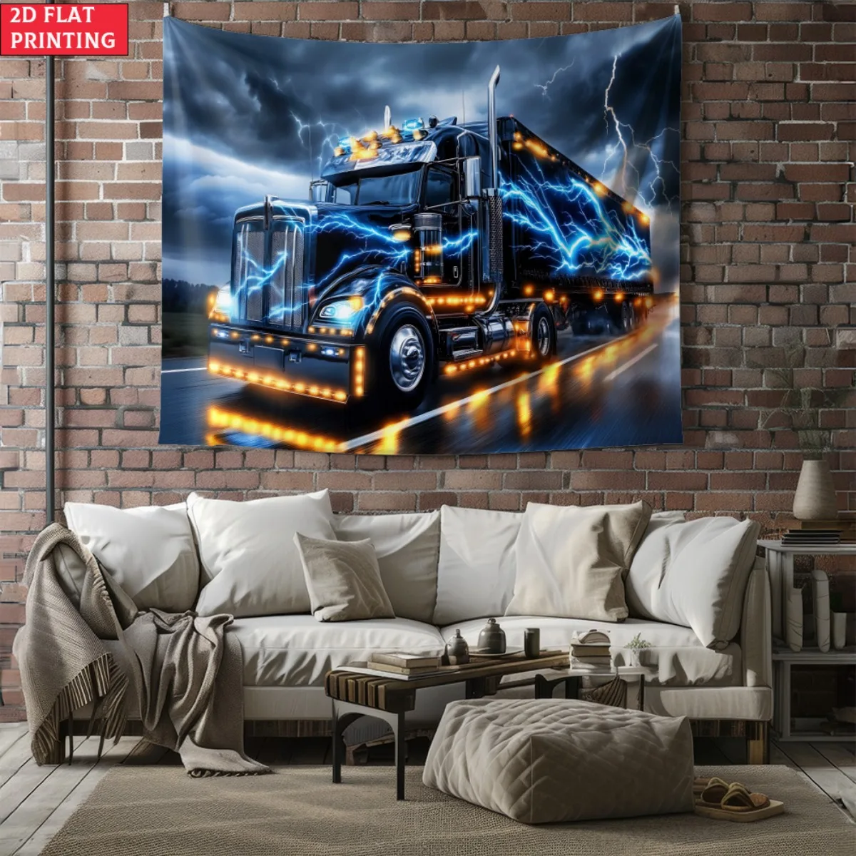 Thunder Lightning Truck Semi Trailer Tapestry Wall Art Hanging for Garage Man Cave Truck Lover Home Decor Vehicle Theme Decor