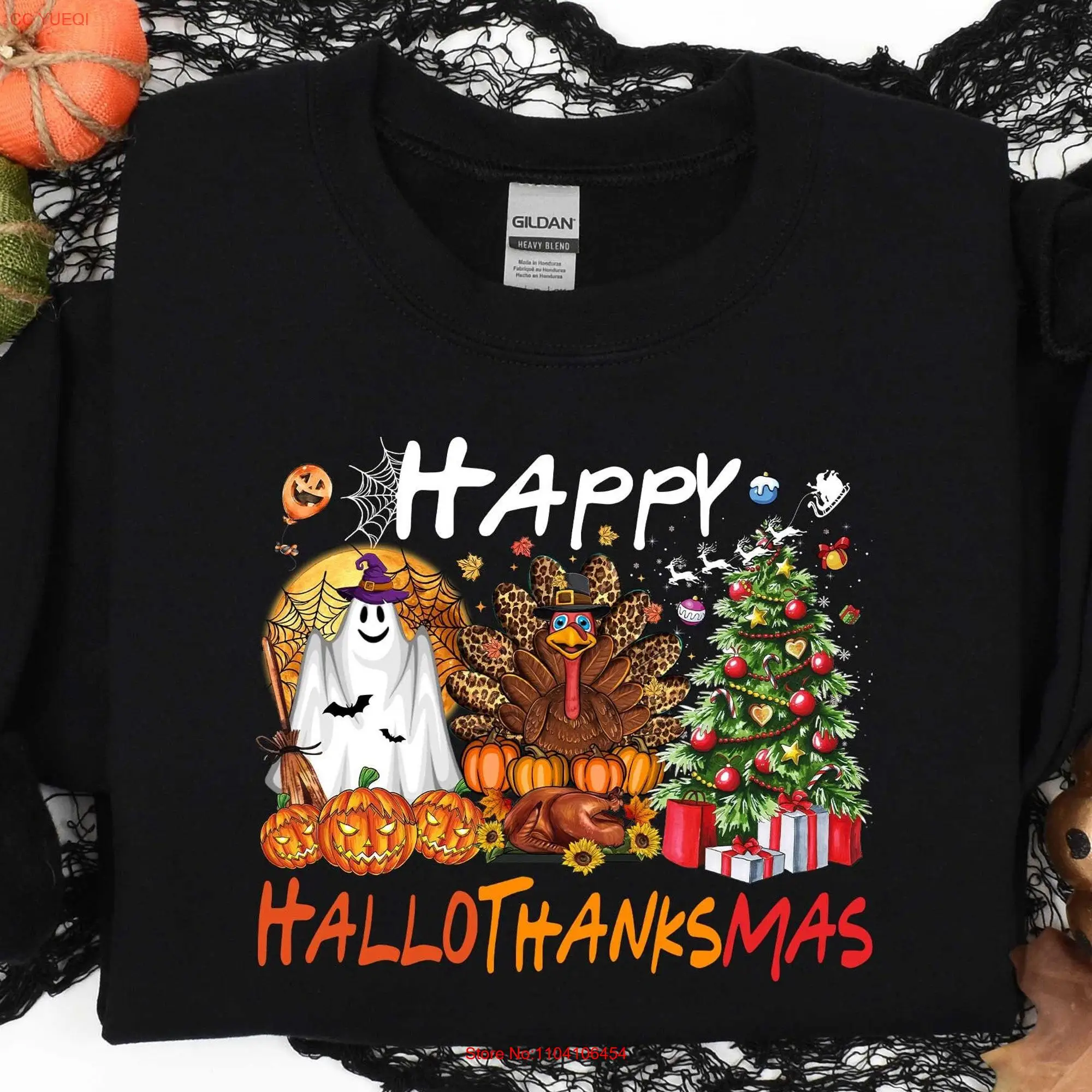 Hallothanksmas T Shirt Happy Sweater s Christmas Halloween Thanksgiving SweaT long or short sleeves