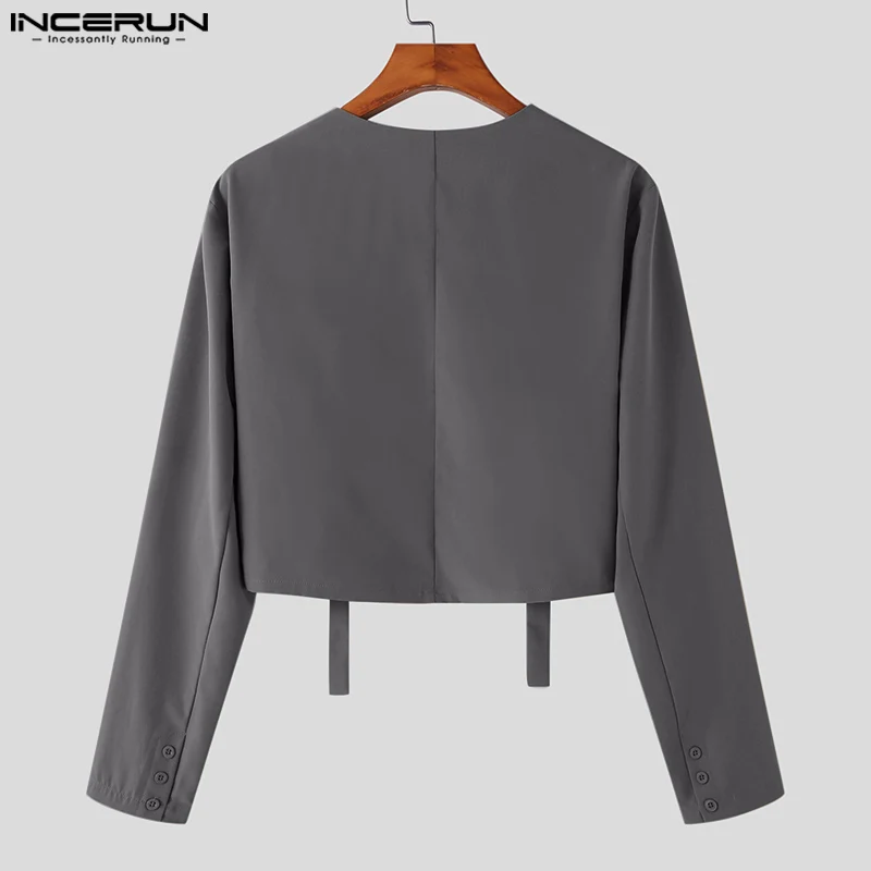 INCERUN Men Irregular Blazer Solid Color Lace Up Long Sleeve Open Stitch Streetwear Crop Suits Men 2024 Fashion Thin Coats S-5XL