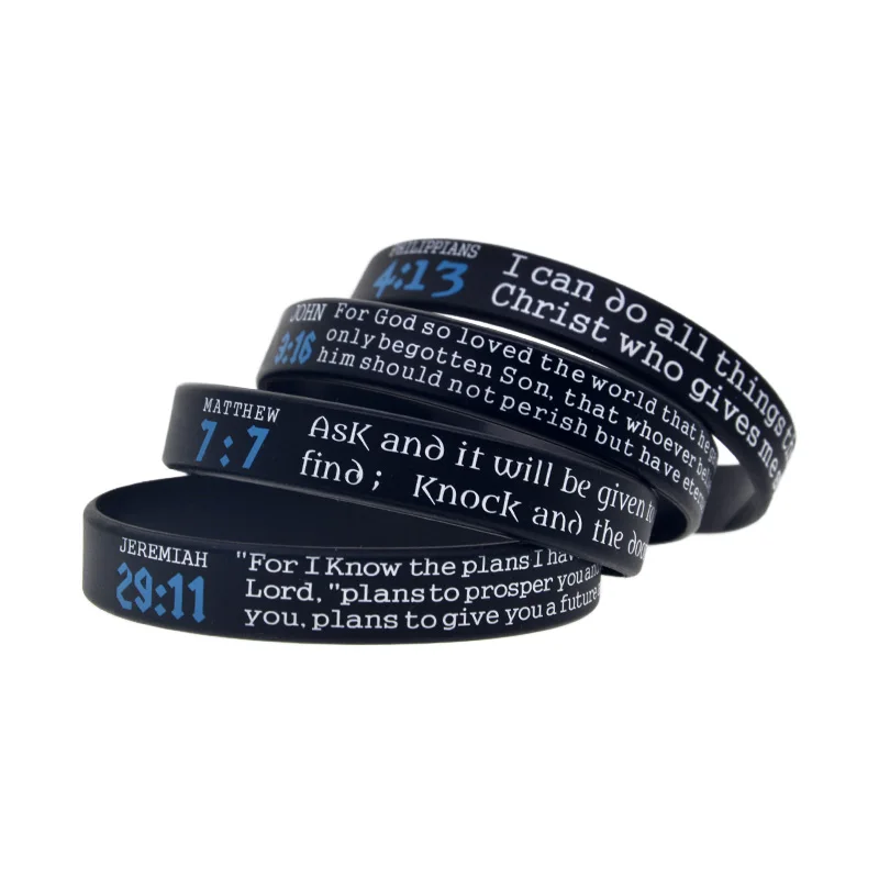 

50 Pcs JEREMIAH 29:11 JOHN 3:16 PHILIPPIANS 4:13 MATTHEW 7:7 Silicone Wristband Printed Jesus Bracelet Black