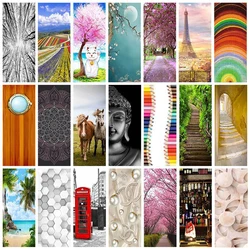 Cherry Blossoms Path Mural Door Art Stickers Self-adhesive Entrance Door Bedroom Kitchen Beautification Door Wrap Cover Decals