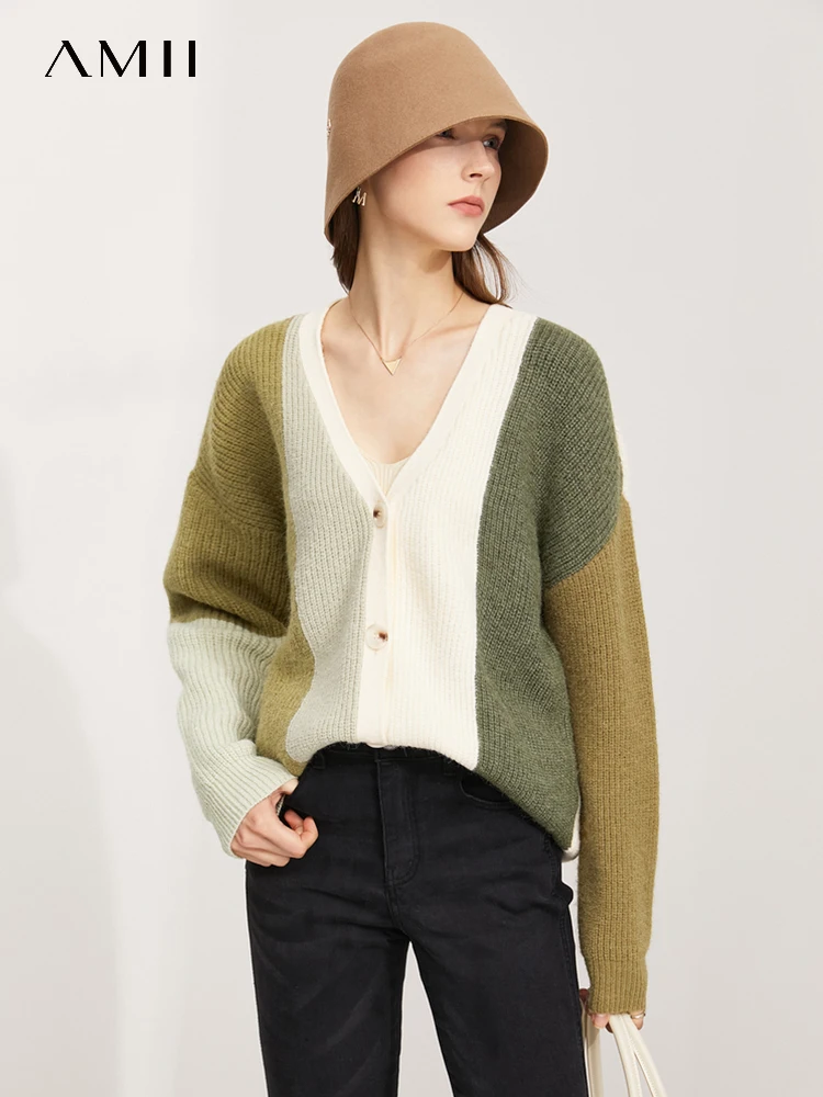 

AMII Minimalist 2023 Winter Wool Knitted Cardigan for Women New Patchwork Top V-neck Full Sleeve Loose Sweater Female 12324084