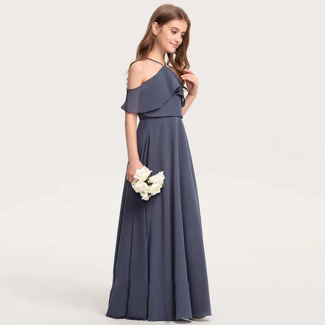 YZYmanualroom Chiffon Junior Bridesmaid Dress With Cascading Ruffles A-line Cold Shoulder Halter Floor-Length 2-15T