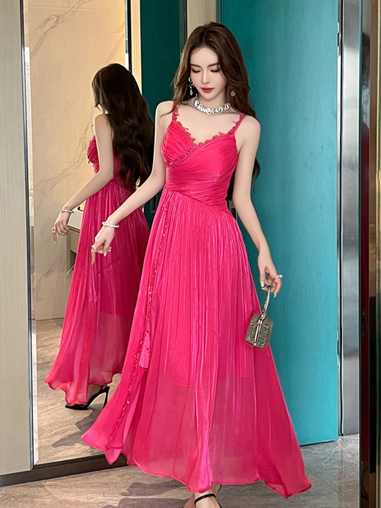 New French Romance Sweet Beach Gown Evening Dress Women Clothes Mujer Elegant Sexy Sling Long Robe Party Birthday Vestido Fiesta