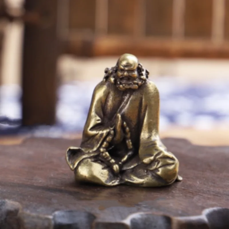 Antique Copper Mini Bodhidharma Statue - Zen Patriarch Figure, Exquisite Handle Piece Ornament & Desktop Decor Art Collectible