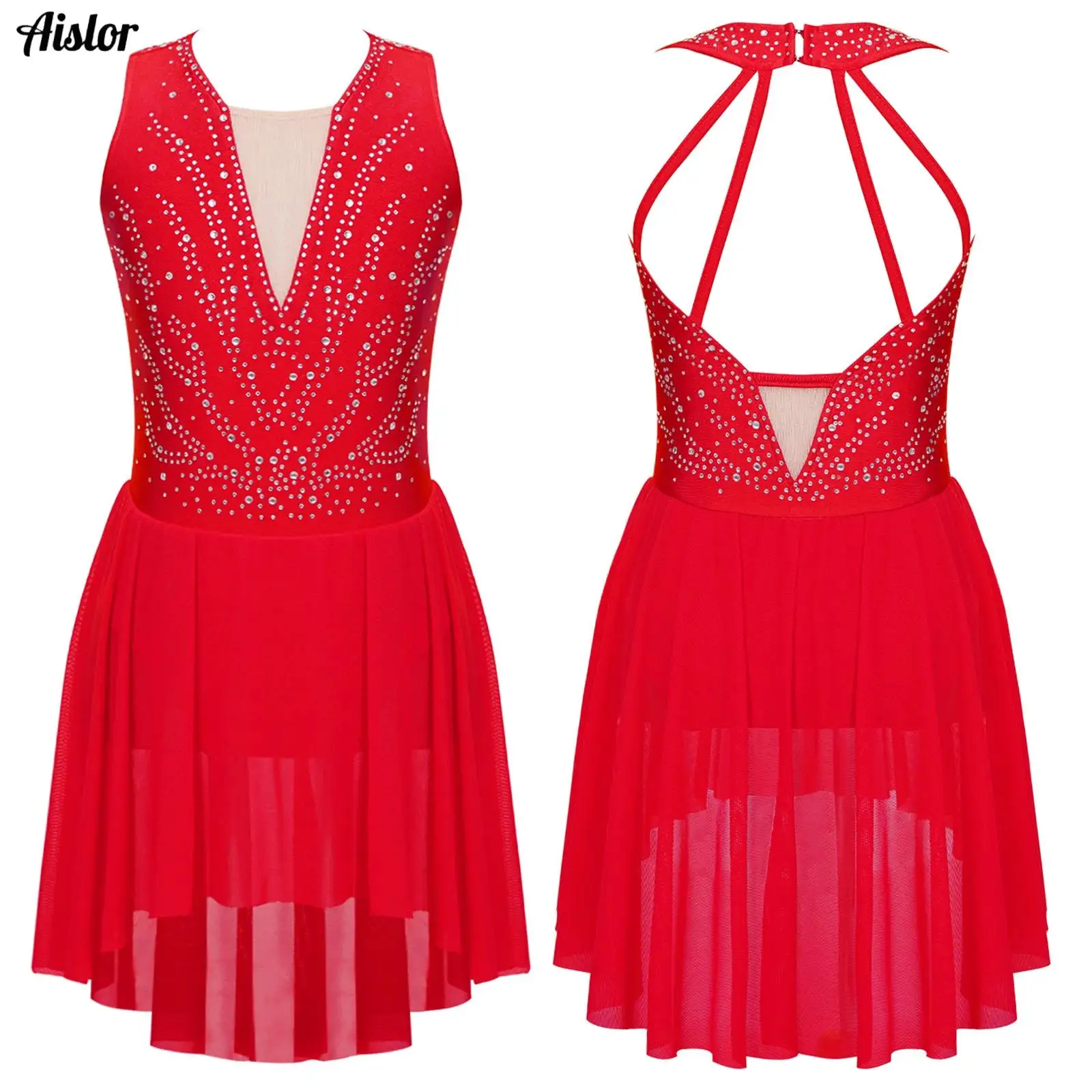 

Kids Girls Figure Skating Dress Strappy Back Asymmetrical Hem Sleeveless Dance Dress Lyrical Ballet Dress for Stage Performance
