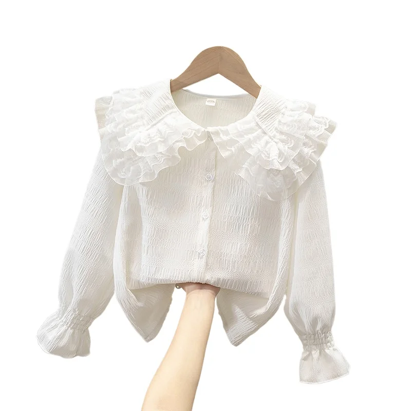 Children's Shirt White Long-sleeved Spring and Autumn School Uniforms Performance Clothes Lace Girls Student Clothes 2025 New