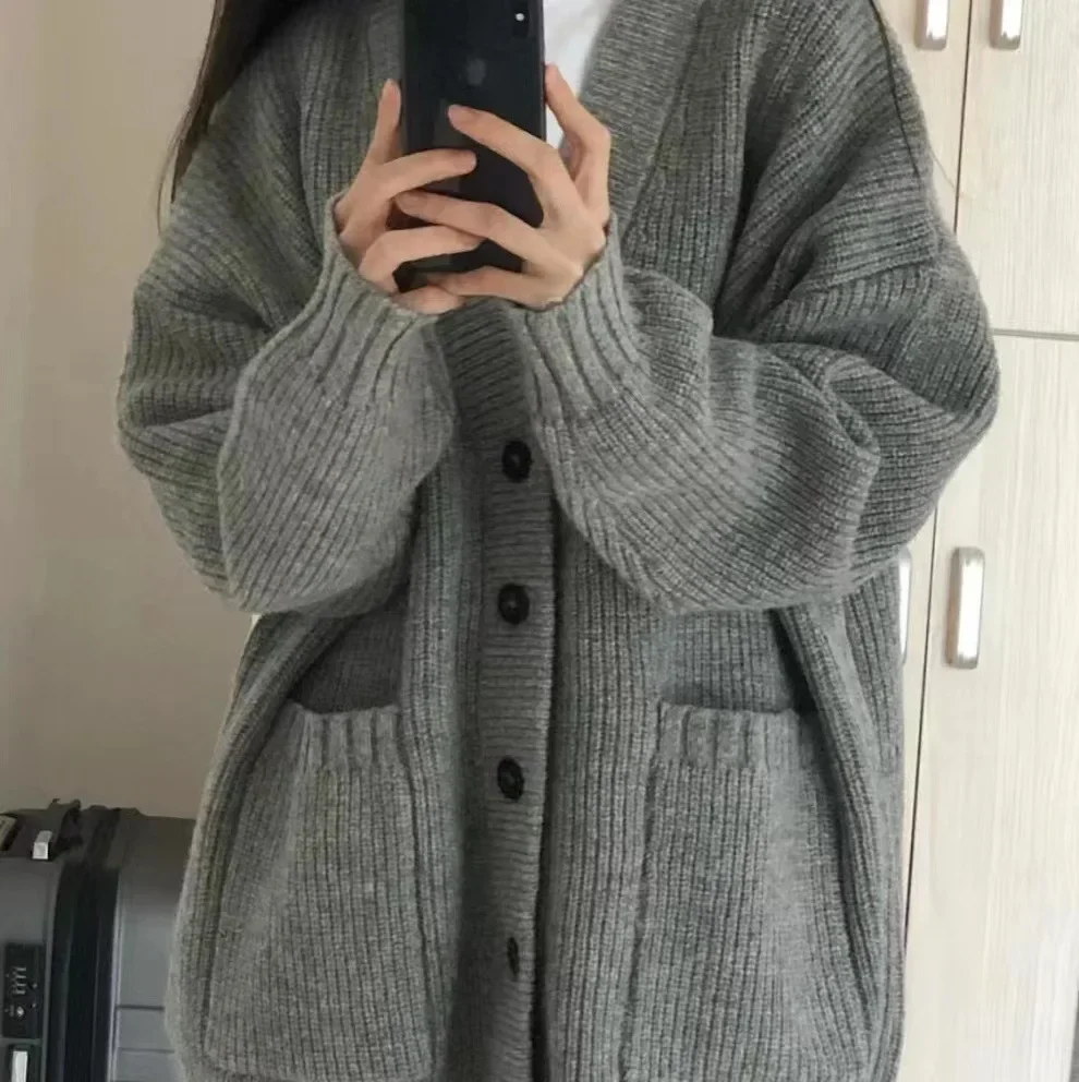 2023 New Women Sweater Cardigan  Autumn and Winter Loose Collar Versatile Solid Womens Knitted Coat